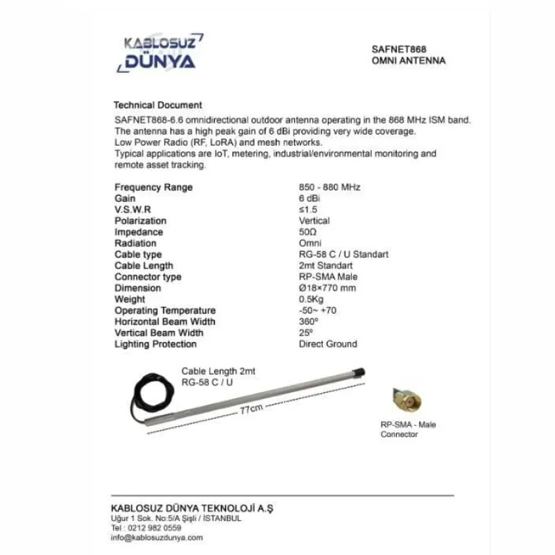 SAFNET868 - 868 Mhz 6 dbi Lora Omni Anten Dış Ortam